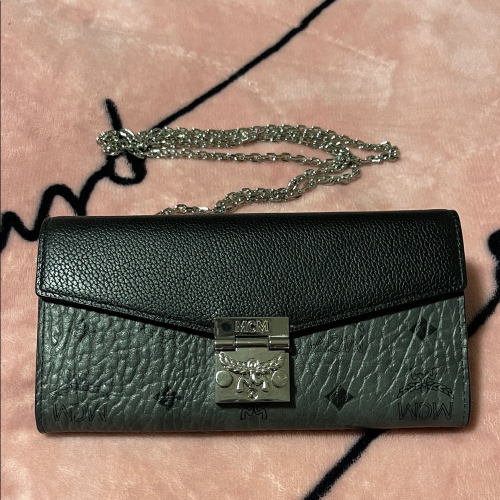 MCM Patrica Visetos Black and Gray Leather Chain Wallet